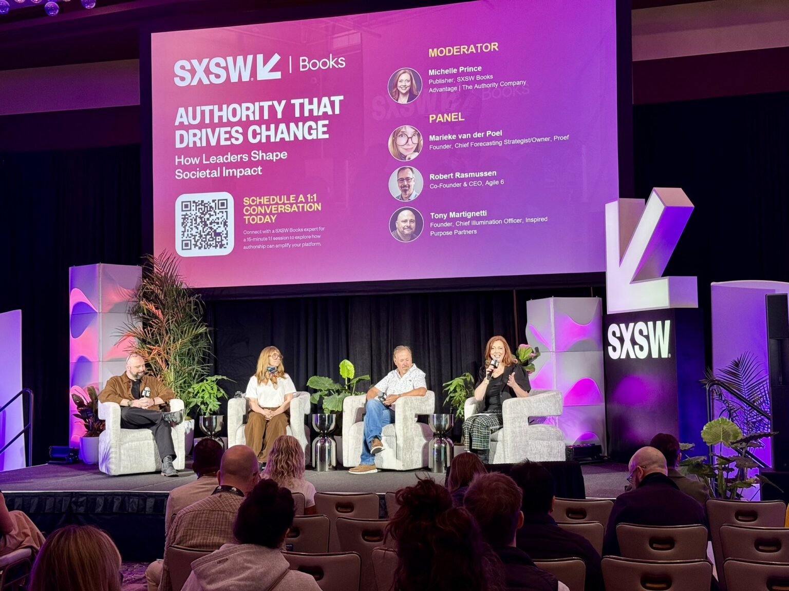 Michelle Prince moderating the 'Authority That Drives Change' panel at SXSW Books.